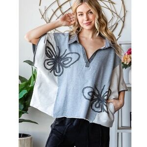 Oli & Hali Butterfly Patchwork V neck Color Block Oversized top